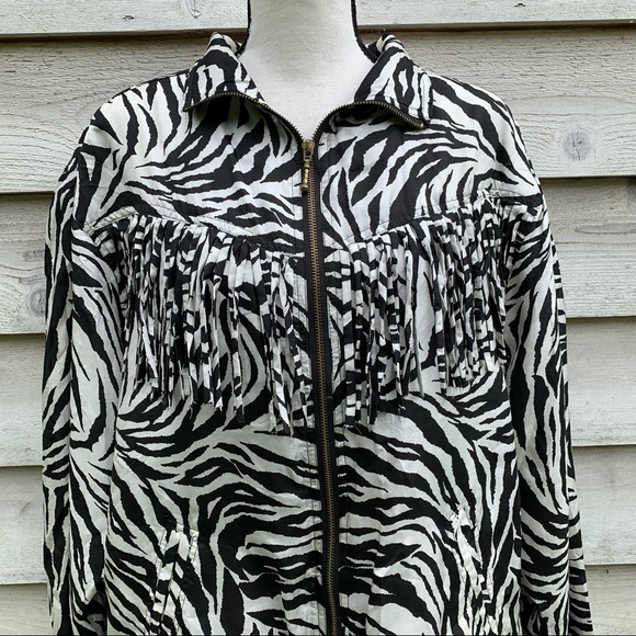 Vintage 80s Silk Zebra Print Fringe Trim Long Sleeve Zip Front Collared Jacket - Picture 7 of 16